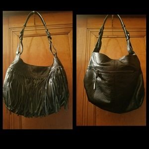 Oryany Fringe Black Leather Hobo Bag